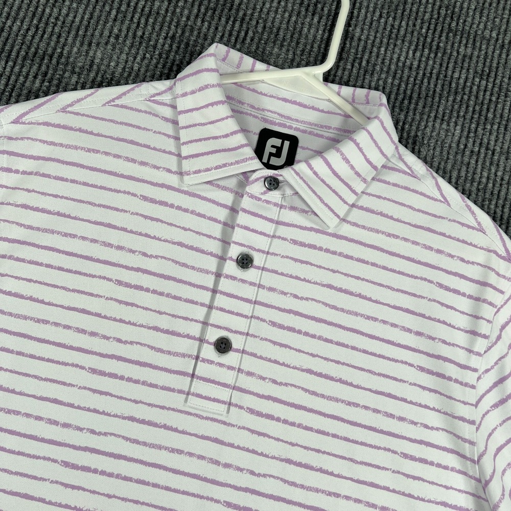 FootJoy Polo Shirt Mens Medium White Purple Striped Short Sleeve Golf Casual